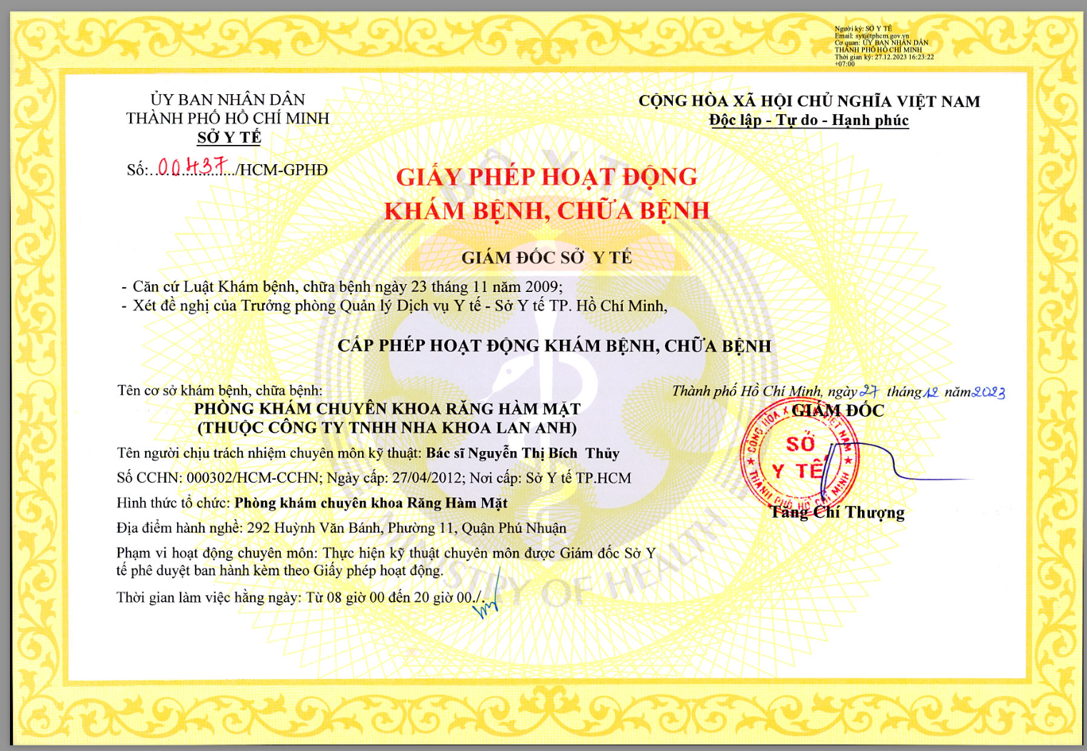 Giấy phép Hoạt động của chi nhánh 292 Huỳnh Văn Bánh