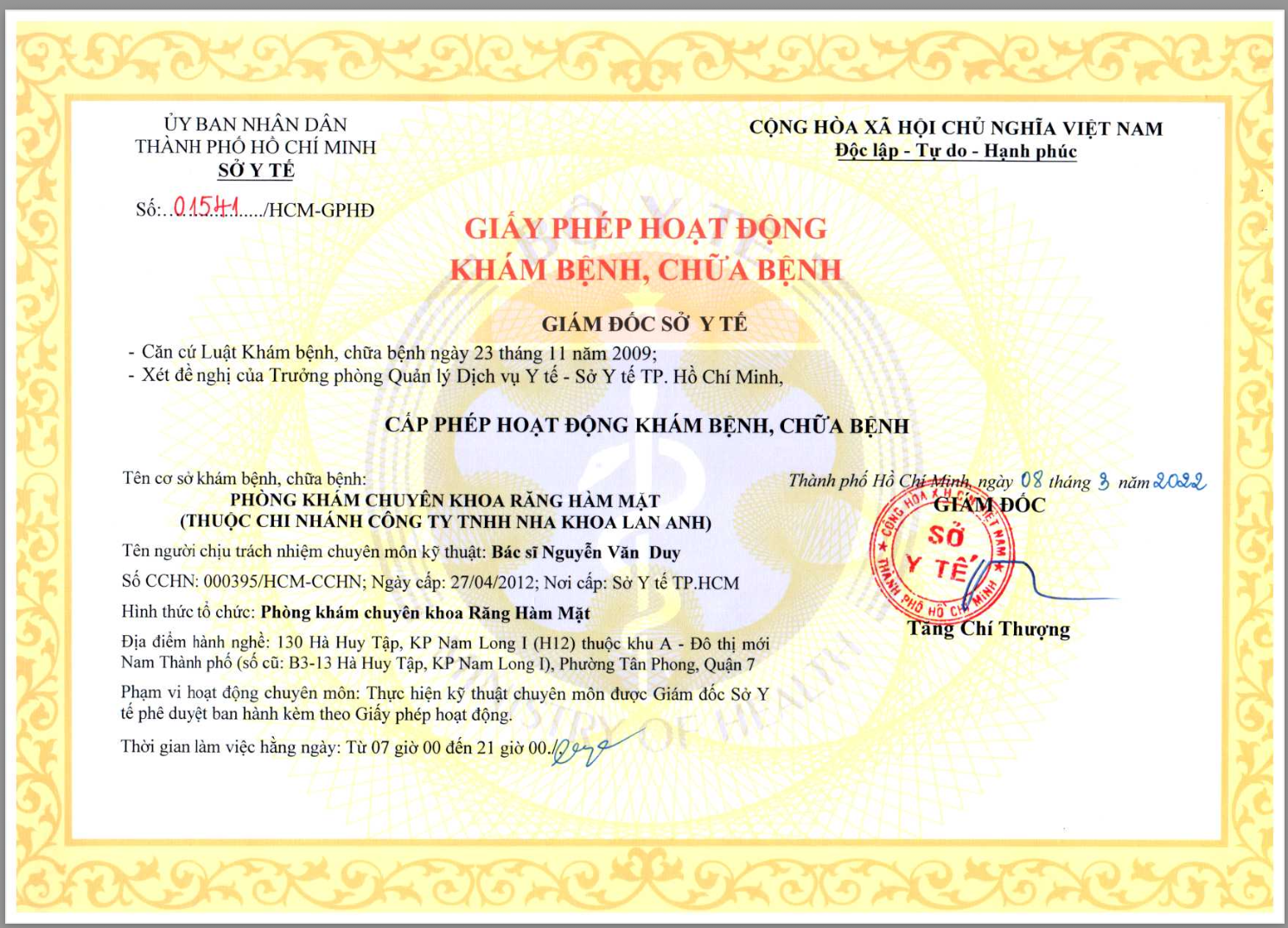 Giấy phép Hoạt động của chi nhánh 130 Hà Huy Tập